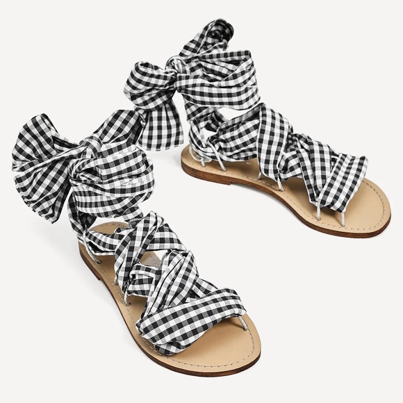 Zara Shoes - Zara | Gingham Black & White Tie Strap Sandals